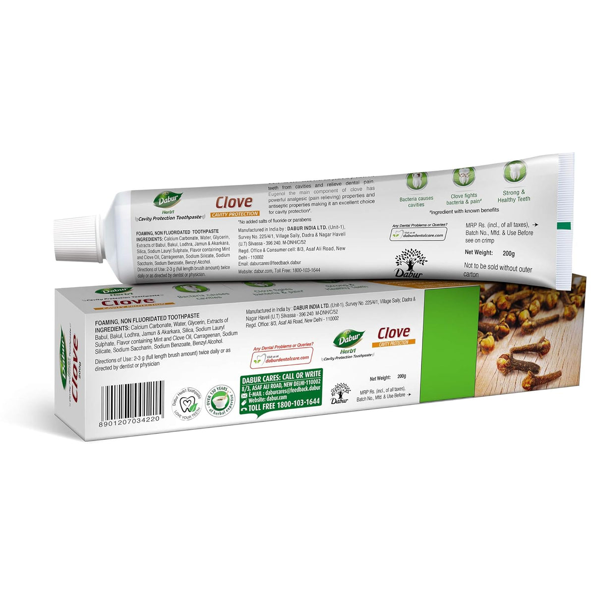 Dabur Herb'l Clove Cavity Protection Toothpaste - 200g | No added Fluoride & Parabens | For Strong & Healthy Teeth | Fights Bacteria & Relieves Dental Pain | Provides Pleasant Mouthfeel After Brushing