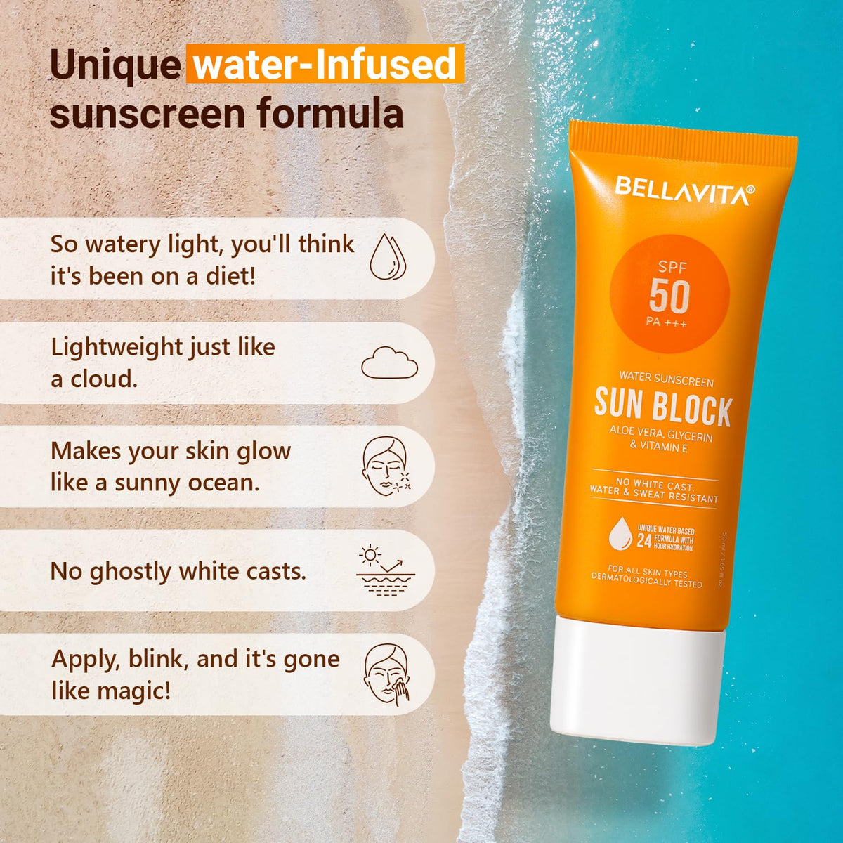 BELLAVITA Water based Hydrating Sunscreen, SPF 50, Lightweight, Photostable, PA+++, For All Skin Types, No White Cast, Non - Greasy Finish, UV Protection, Broad Spectrum, For Men & Women, 50ML