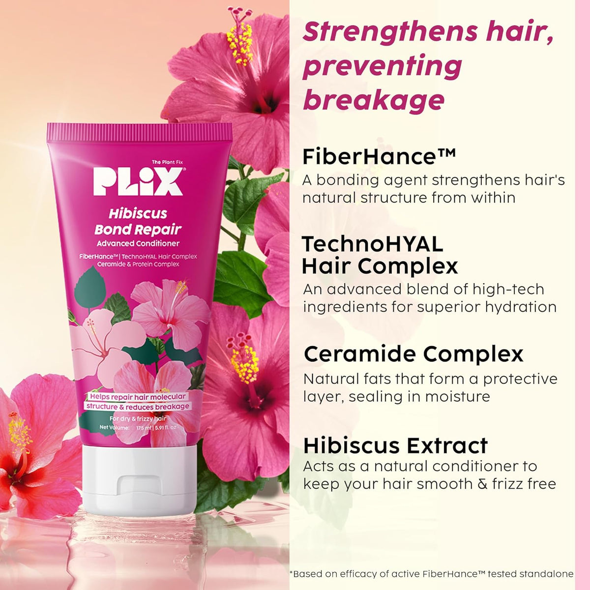 PLIX - THE PLANT FIX Hibiscus Bond Repair Advanced Conditioner | Repairs Hair Molecular Structure & Reduces Breakage with FiberHance™ & TechnoHYAL Hair Complex | 175ml