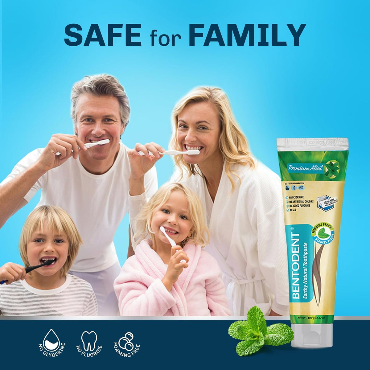 Bentodent Toothpaste - Natural Toothpaste For Entire Family Incl Kids - Your Daily Oral Detox, Cleanse & Remineralize - Foam Free, Fluoride Free (Premium Mint) 100G