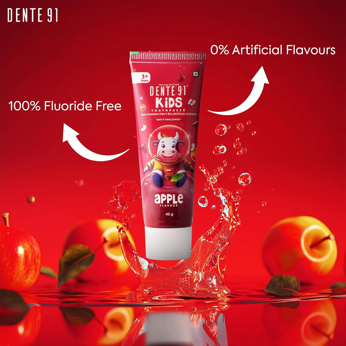 Dente91 Kids Toothpaste, Protects against dental caries & Hypersensitivity, Fluoride Free, Apple Flavour - 45g