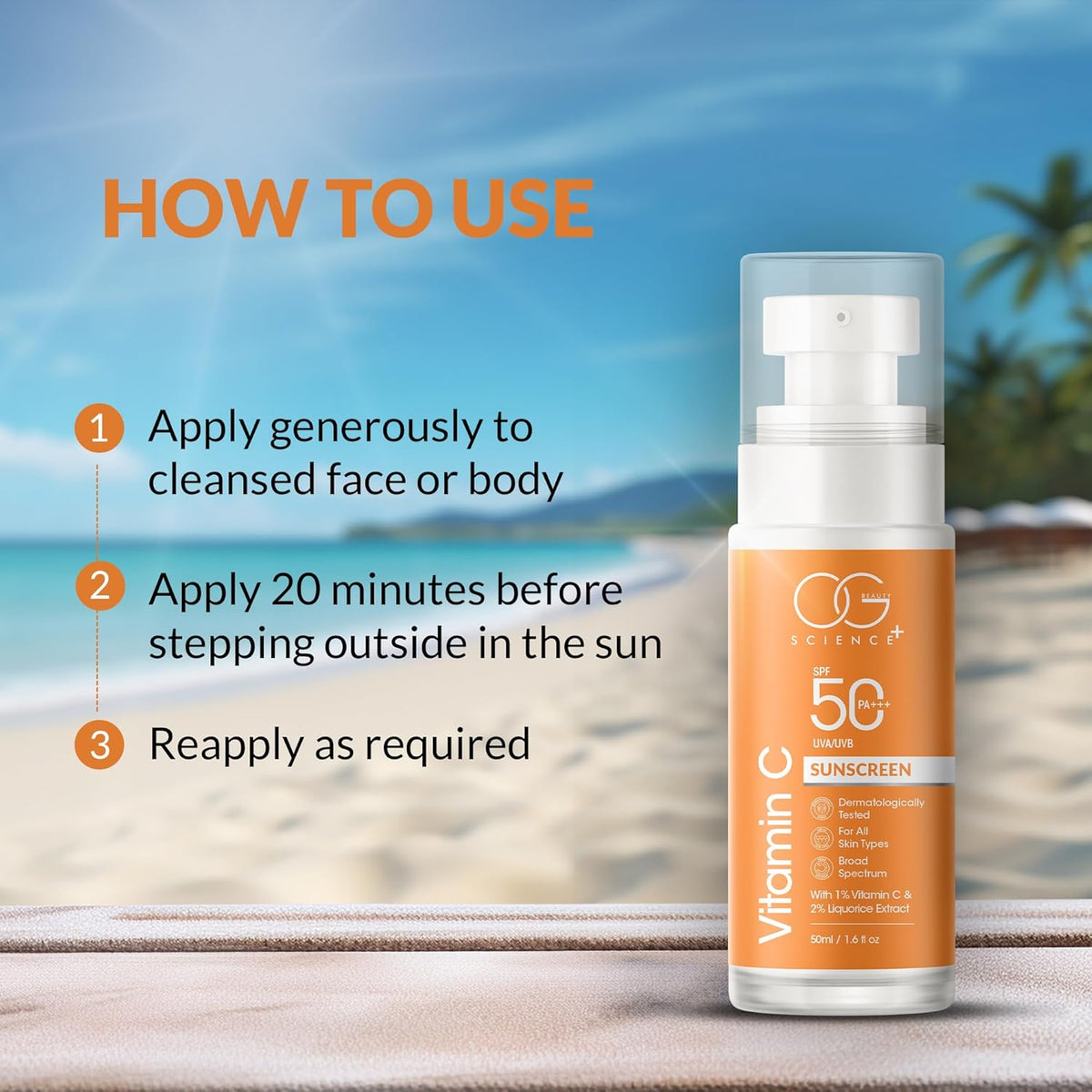 OG BEAUTY SCIENCE SPF 50 PA+++ Sunscreen with Vitamin C & Liquorice Extract - Dermatologically Tested - Broad Spectrum 50 Ml