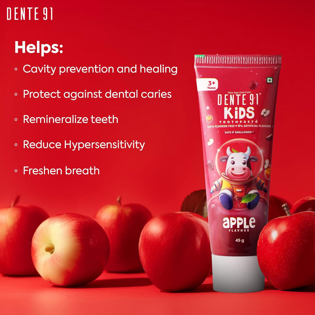 Dente91 Kids Toothpaste, Protects against dental caries & Hypersensitivity, Fluoride Free, Apple Flavour - 45g