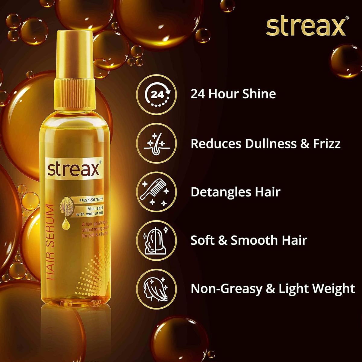 Streax Hair Serum Vitalized with Walnut Oil, For Hair Smoothening & Shine, For Dry & Frizzy Hair - 45 ml