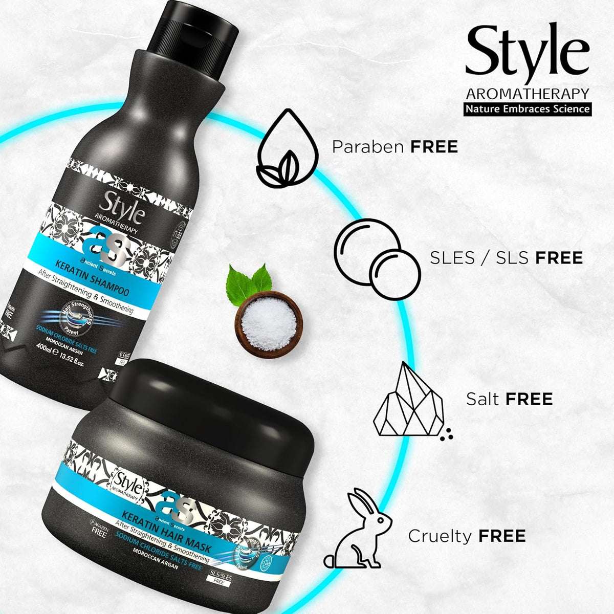 Style Aromatherapy Professional Keratin after Straightening and Smoothening Shampoo and Hair Mask Combo | SLS/SLES Free, Salt Free, Paraben Free | 400 ml + 200 ml