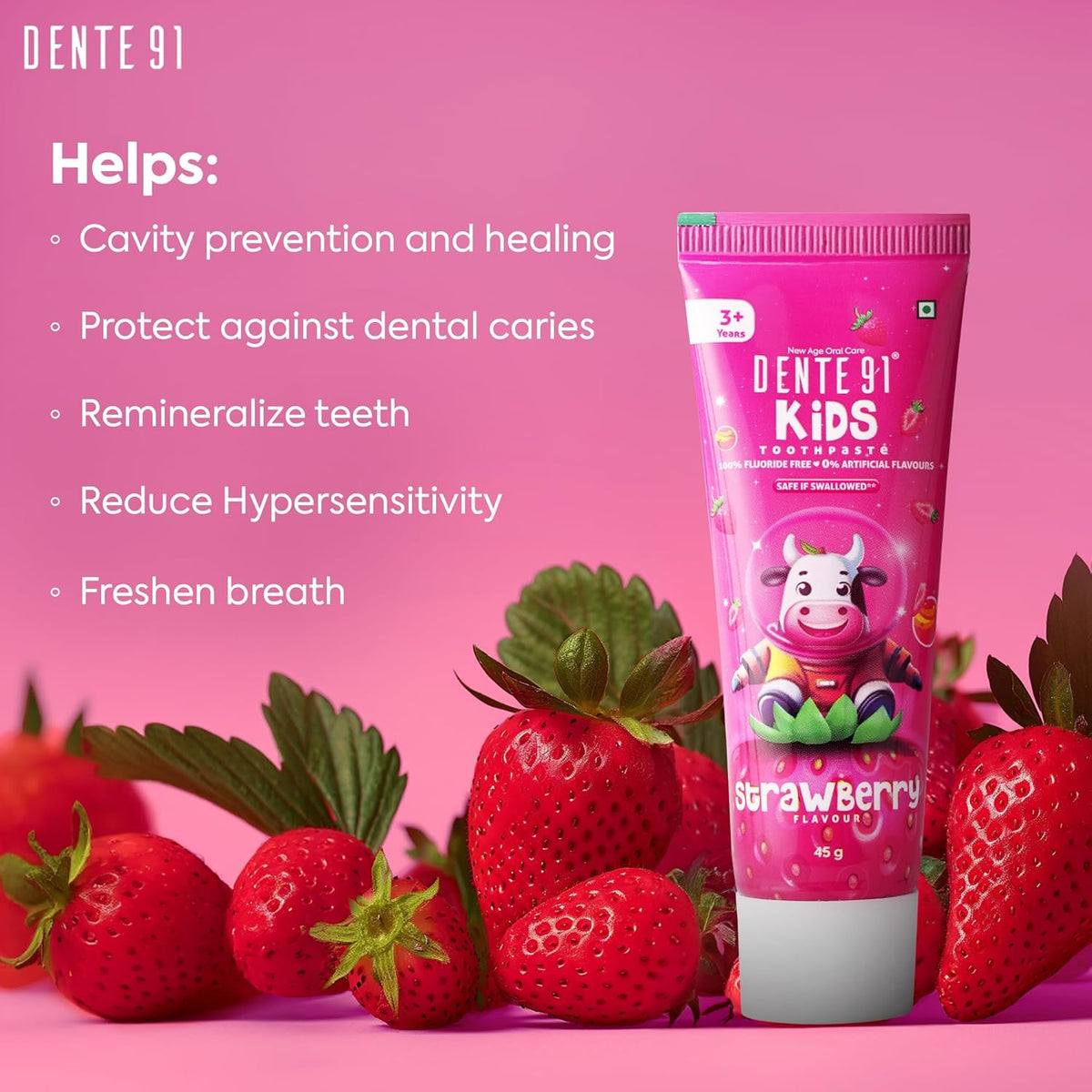 Dente91 Kids Toothpaste, Protects against dental caries & Hypersensitivity, Fluoride Free, Strawberry Flavour - 45 g