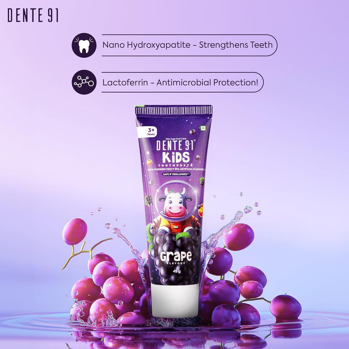 Dente91 Kids Toothpaste, Protects against dental caries & Hypersensitivity, Fluoride Free, Grape Flavour - 45g