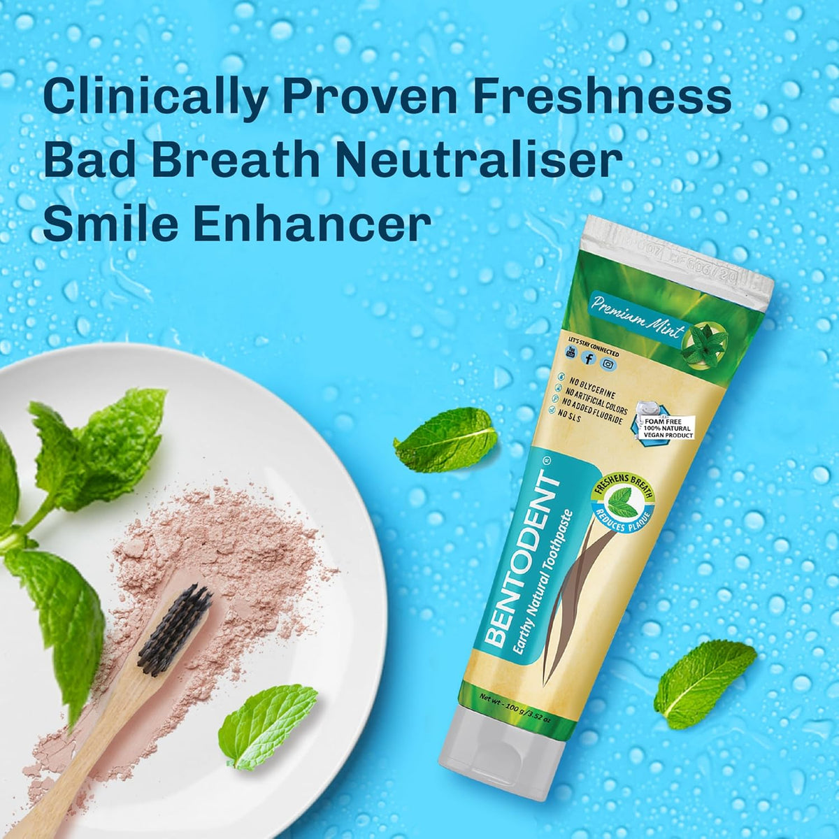 Bentodent Toothpaste - Natural Toothpaste For Entire Family Incl Kids - Your Daily Oral Detox, Cleanse & Remineralize - Foam Free, Fluoride Free (Premium Mint) 100G