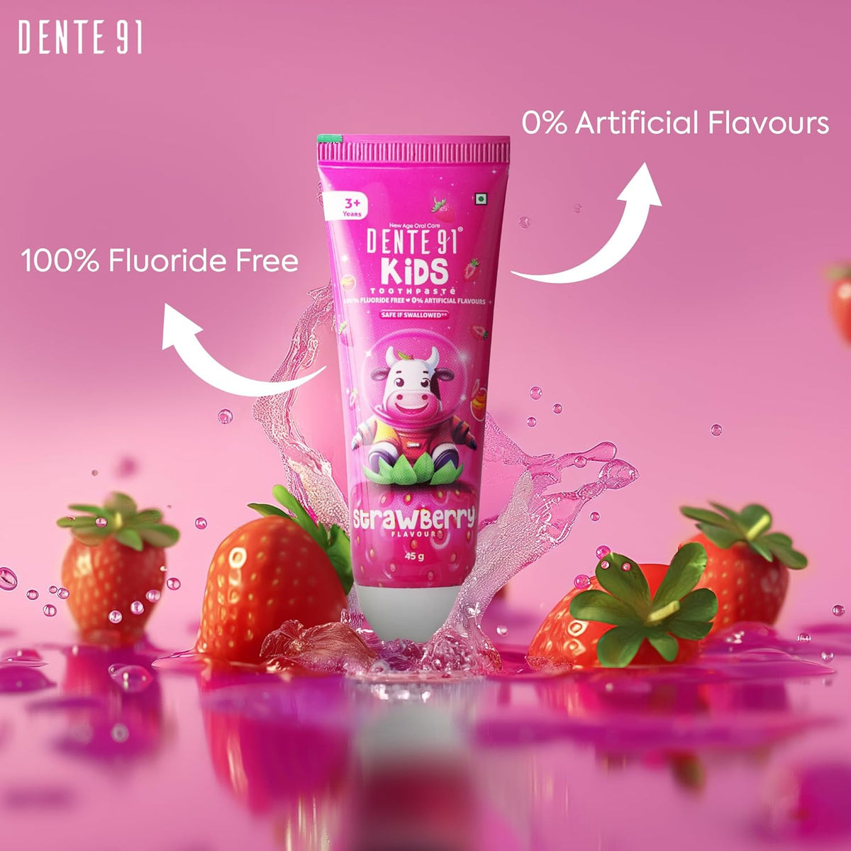 Dente91 Kids Toothpaste, Protects against dental caries & Hypersensitivity, Fluoride Free, Strawberry Flavour - 45 g