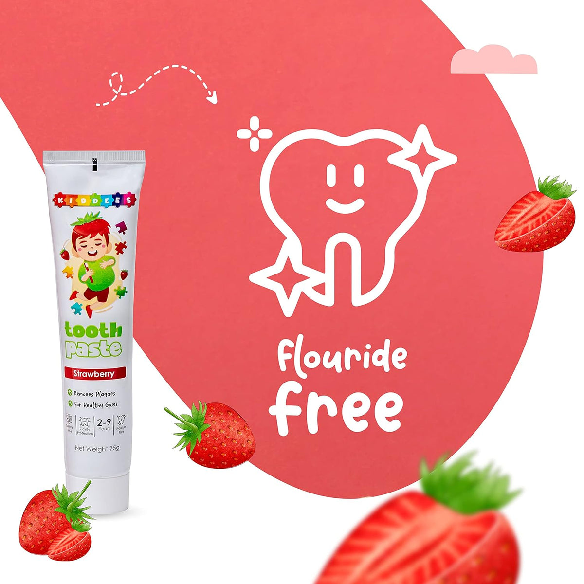 Kiddees Strawberry Kids Toothpaste, No Added Sugar, SLS & Fluoride Free, Oral Care, Ensures White and Strong Teeth, Prevents Cavities for Age 2 – 9 Years - 75g (Pack of 1)