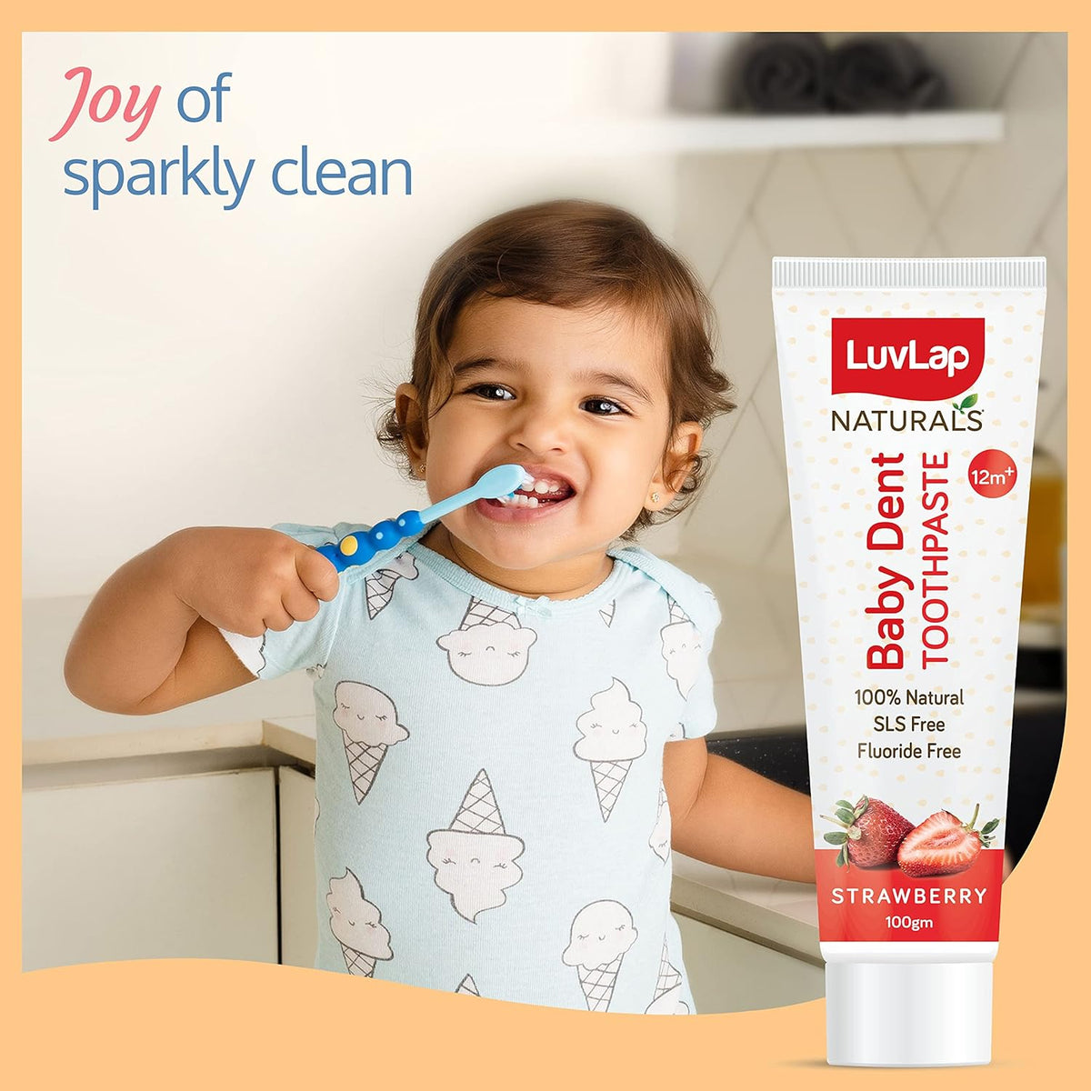 Luv Lap Naturals 100% Natural Baby Toothpaste 100g, Strawberry Flavour, SLS & Fluoride Free Kids Toothpaste, Removes Plaque, Prevents Bacteria, Ensures White Teeth, Neutral pH, 12M+