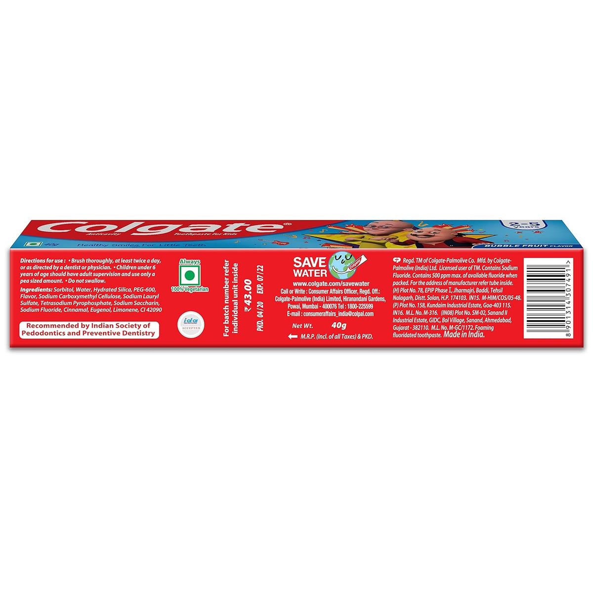 Colgate Kids Toothpaste For 2-5 Years, Motu Patlu, Bubble Fruit Flavour, Gentle Cavity Protection Tooth Paste With 50% Lesser Abrasive Formula For Protecting Against Cavities - 40G