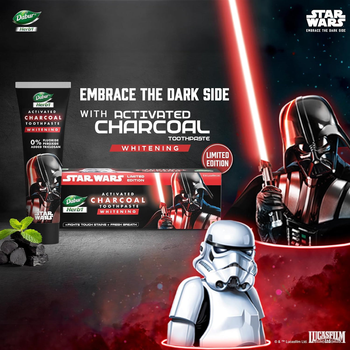 Dabur Herb'l Activated Charcoal & Mint Toothpaste - Star Wars Pack (Black Gel)- 240g (120gx2) Combo Pack | For Whitening | Fluoride Free Toothpaste | Fights Plaque & Extrinsic Stains