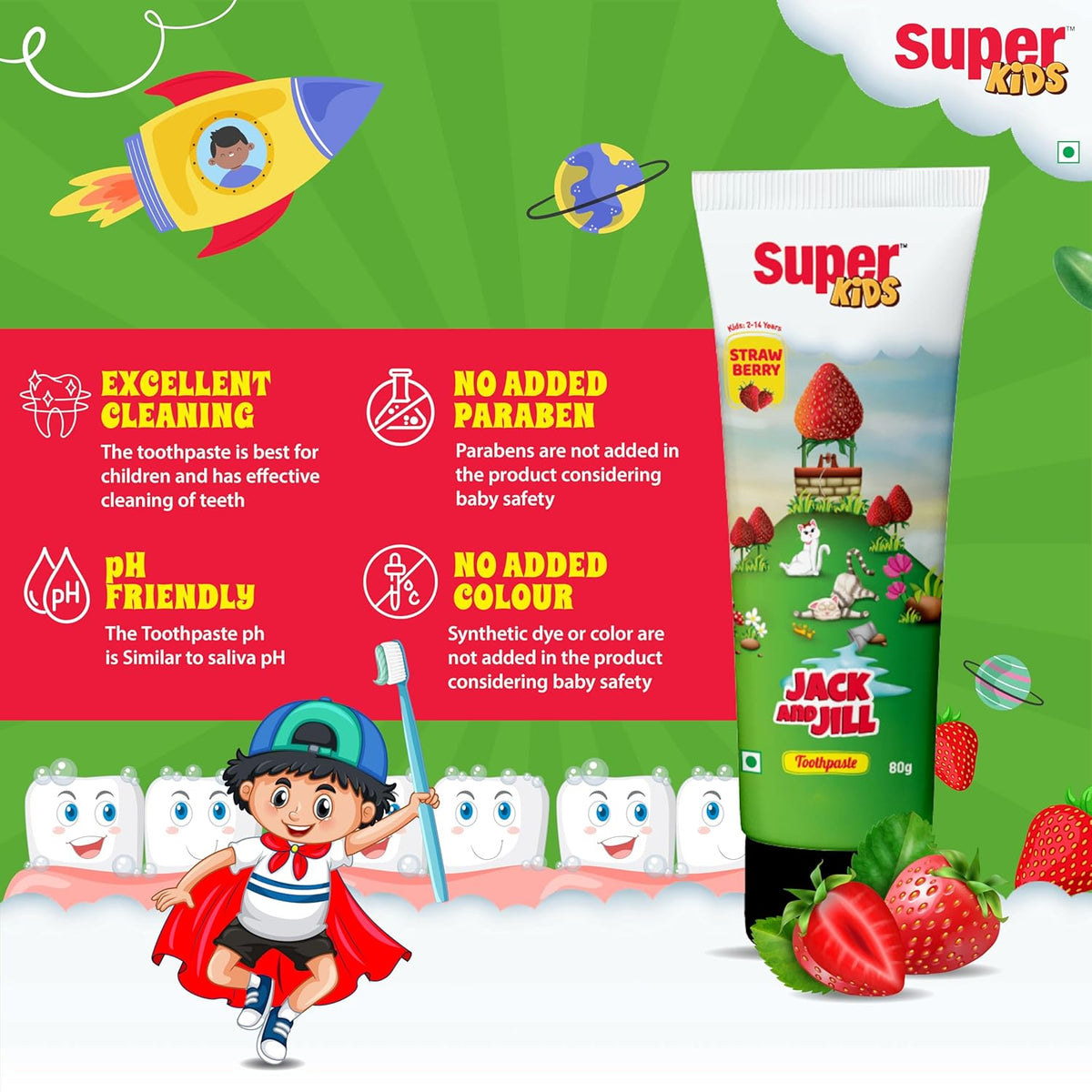 Super Kids Jack and Jill Strawberry Toothpaste for Kids 2-5 years | Baby toothpaste For Cavity Protection, Natural Strawberry Flavoured Toothpaste) 50 Gm