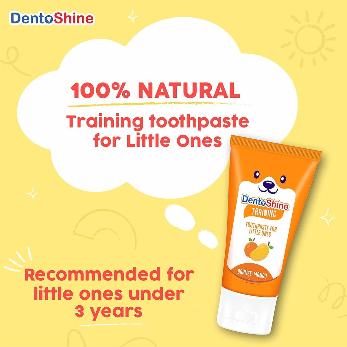 DentoShine 100% NATURAL Toothpaste for Toddler & Baby (0-3 years), Fluoride Free, SLS Free, NO Artificial colors & flavors, Safe if swallowed* (Orange-Mango [ FREE Finger Brush ],