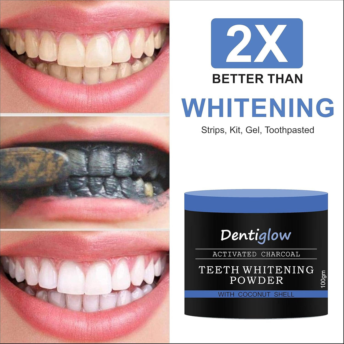 Dentiglow Organic Activated Charcoal Teeth Whitening Powder - 100 gm | Removes Bad Breath & Enamel safe teeth | For Tobacco Stain, Tartar, Gutkha Stain and Yellow Teeth Removal |