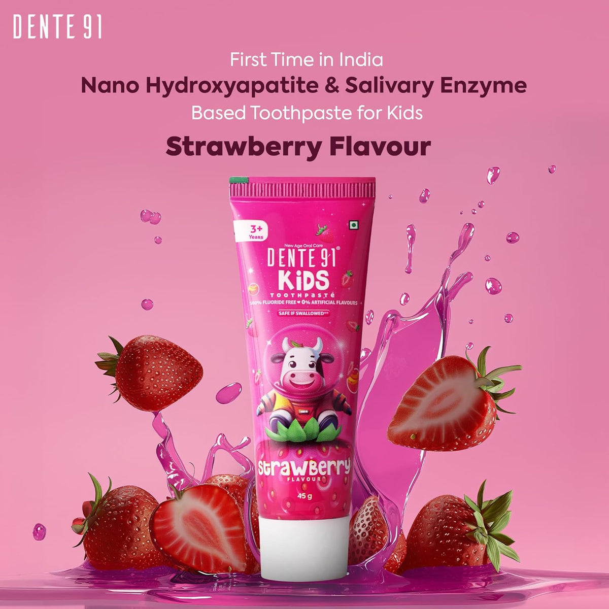 Dente91 Kids Toothpaste, Protects against dental caries & Hypersensitivity, Fluoride Free, Strawberry Flavour - 45 g