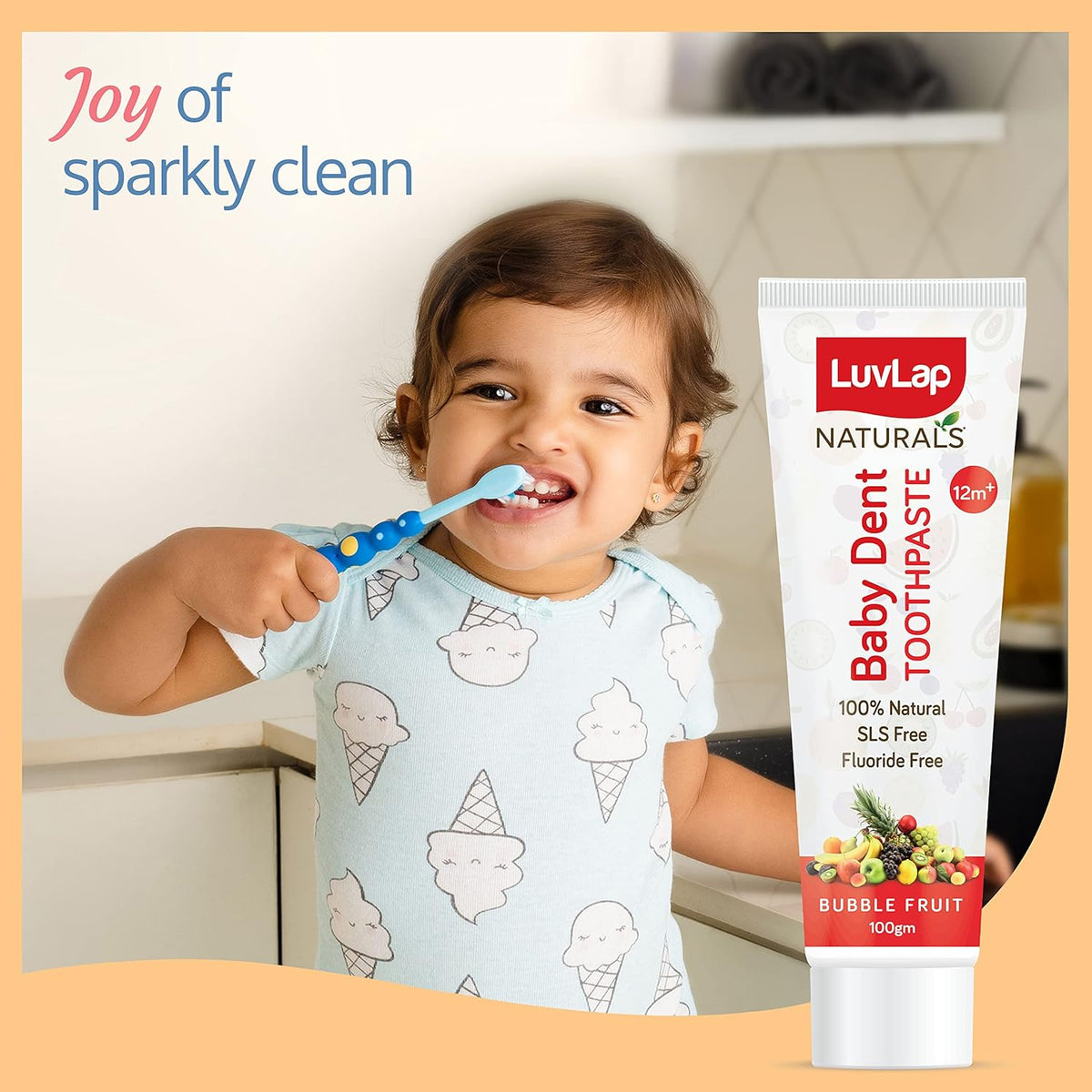 LuvLap Naturals 100% Natural Baby Toothpaste 100g, Bubble Fruit Flavour, SLS & Fluoride Free Kids Toothpaste, Removes Plaque, Prevents Bacteria, Ensures White Teeth, Neutral pH, 12M+