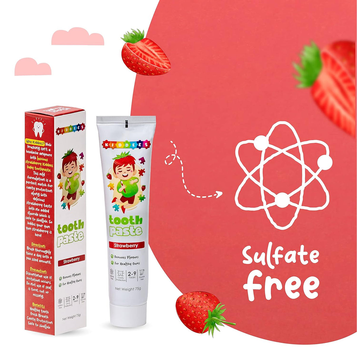 Kiddees Strawberry Kids Toothpaste, No Added Sugar, SLS & Fluoride Free, Oral Care, Ensures White and Strong Teeth, Prevents Cavities for Age 2 – 9 Years - 75g (Pack of 1)