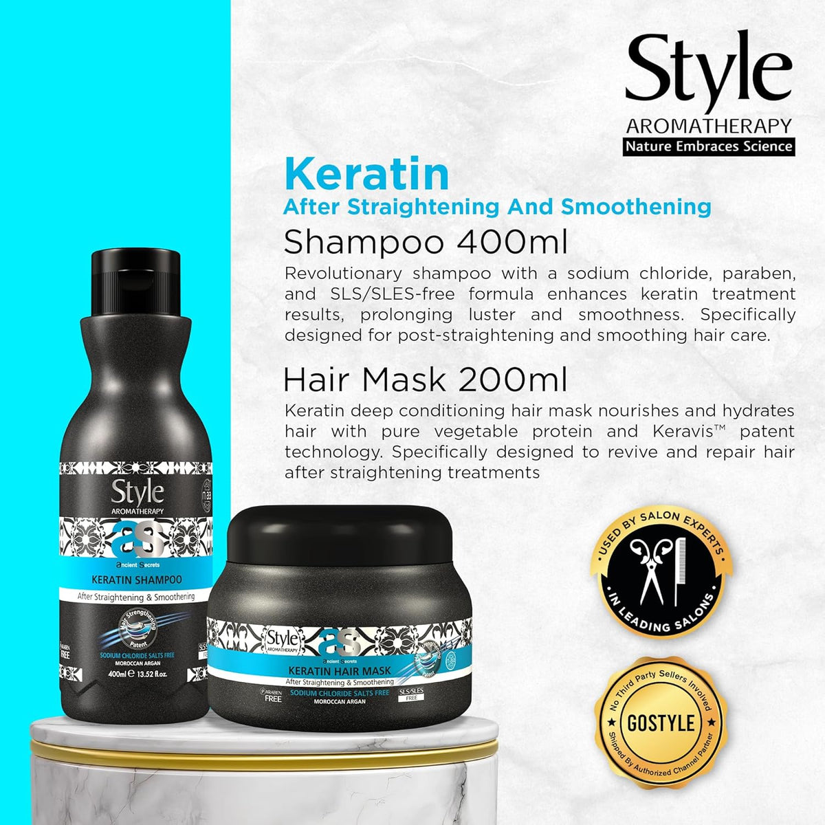 Style Aromatherapy Professional Keratin after Straightening and Smoothening Shampoo and Hair Mask Combo | SLS/SLES Free, Salt Free, Paraben Free | 400 ml + 200 ml