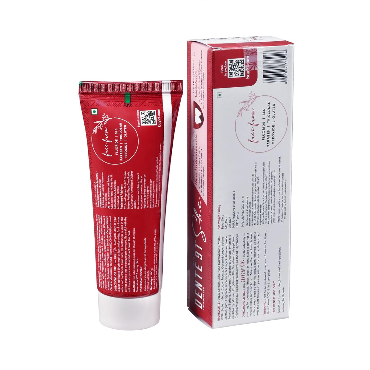 Dente91 SHE Toothpaste Specially Crafted for Women, Remove Plaque Contains Folic Acid & Vitamins (B6, E, D3), Cinnamon & Ginger Flavour, Free from SLS, Fluoride & Paraben 100g (Pack of 1)