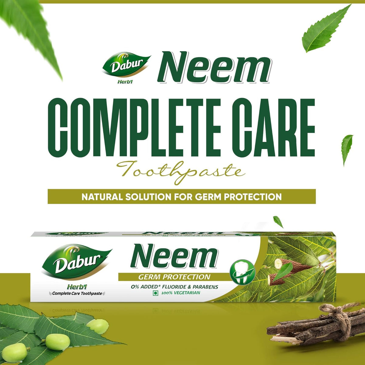 Dabur Herb'l Neem 300g (200g + 100g) - Germ Protection Toothpaste with No added Fluoride and Parabens