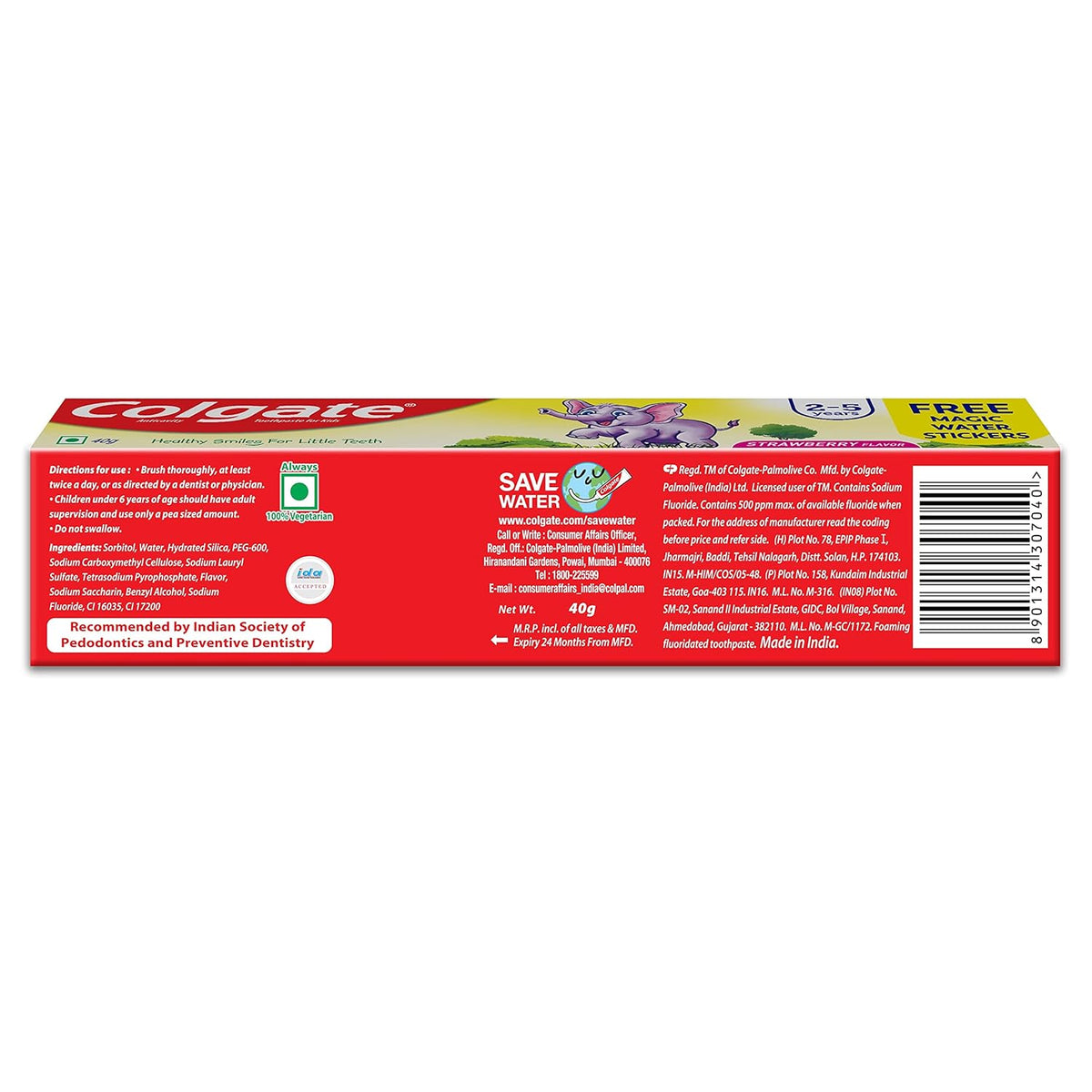 Colgate Kids Toothpaste For 2-5 Years, Strawberry Flavour, Gentle Protection, Prevents Cavities Tooth Paste With 50% Lesser Abrasive Formula For Protecting Against Cavities - 40 Gram