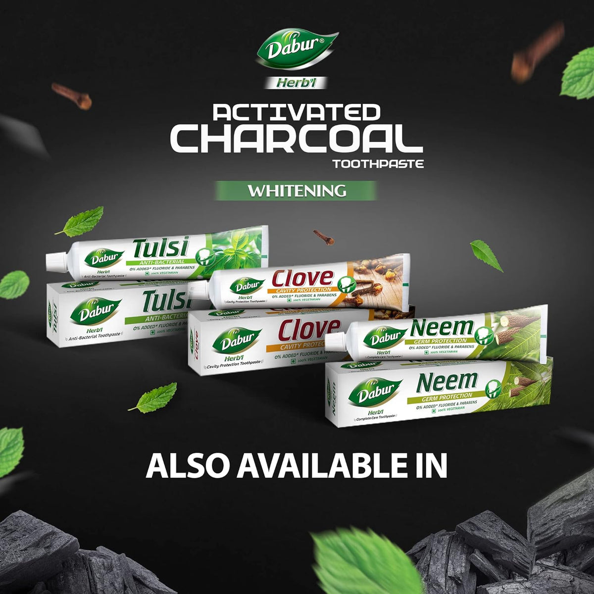 DABUR Herb'L Activated Charcoal Toothpaste-120G|Black Gel Toothpaste|Whitening Toothpaste|Fluoride Free|Fights Plaque&Extrinsic Stains|With Power Of Charcoal&Mint|Cool&Refreshing Mouth Experience