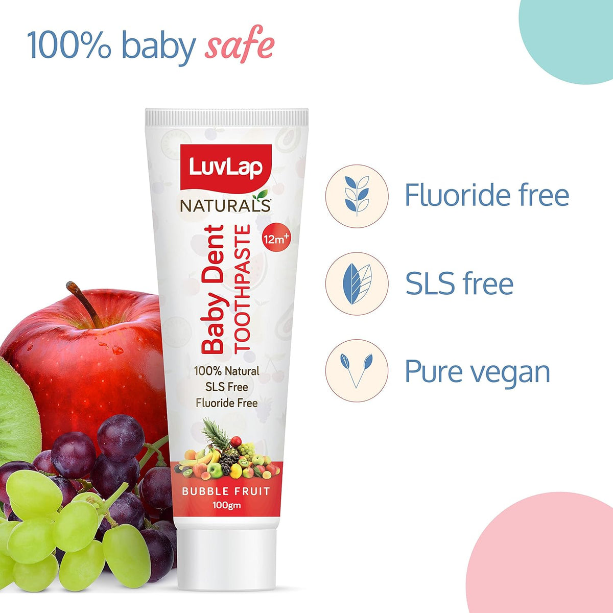 LuvLap Naturals 100% Natural Baby Toothpaste 100g, Bubble Fruit Flavour, SLS & Fluoride Free Kids Toothpaste, Removes Plaque, Prevents Bacteria, Ensures White Teeth, Neutral pH, 12M+