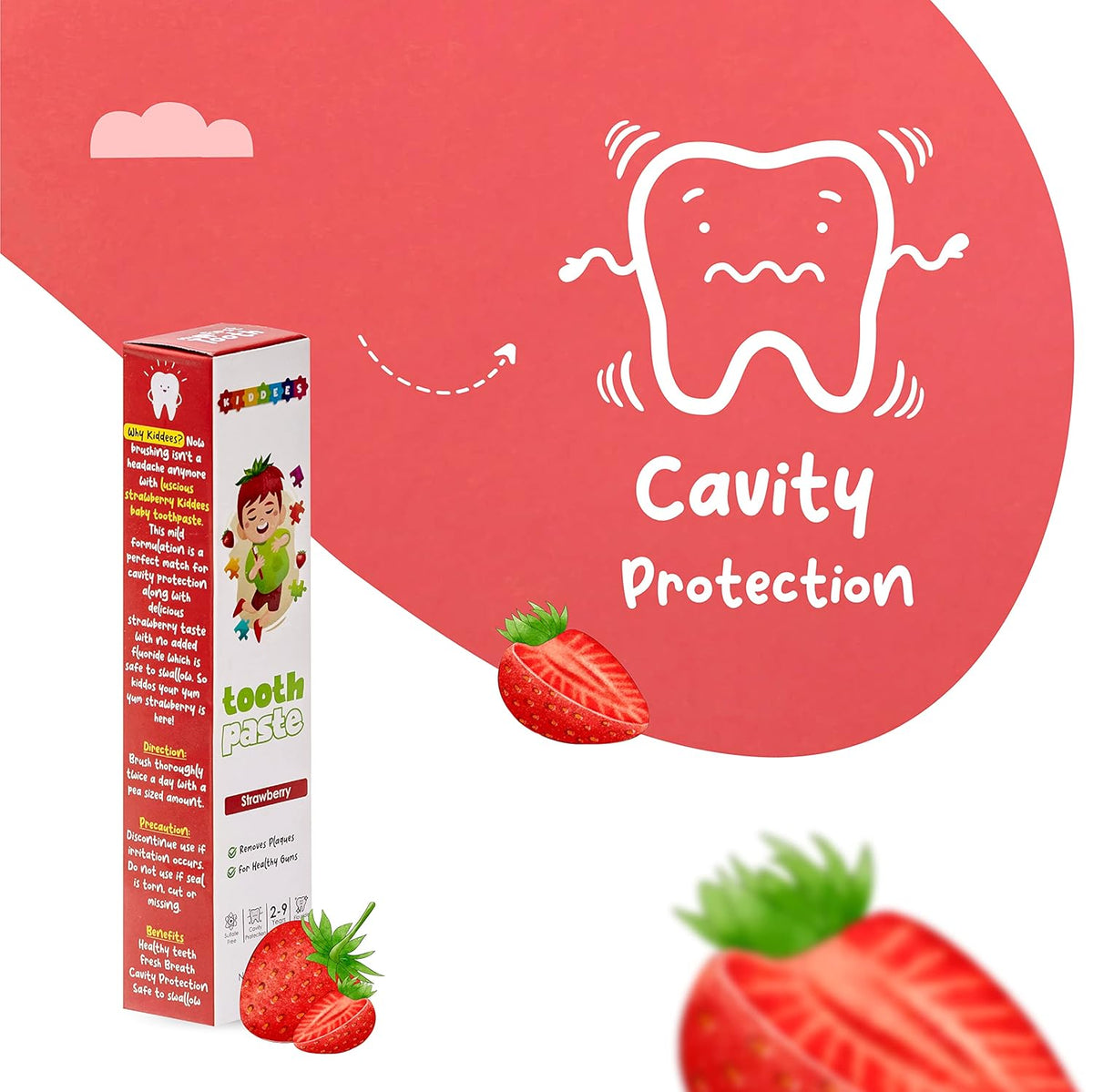 Kiddees Strawberry Kids Toothpaste, No Added Sugar, SLS & Fluoride Free, Oral Care, Ensures White and Strong Teeth, Prevents Cavities for Age 2 – 9 Years - 75g (Pack of 1)