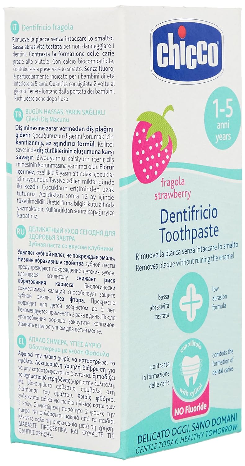 Chicco Toothpaste, Strawberry Flavour for 12m+ Baby, Fluoride-free, Preservative-free,Cavity Protection (50 millilitre)