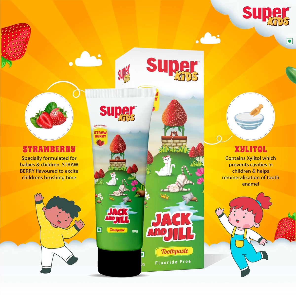 Super Kids Jack and Jill Strawberry Toothpaste for Kids 2-5 years | Baby toothpaste For Cavity Protection, Natural Strawberry Flavoured Toothpaste) 50 Gm