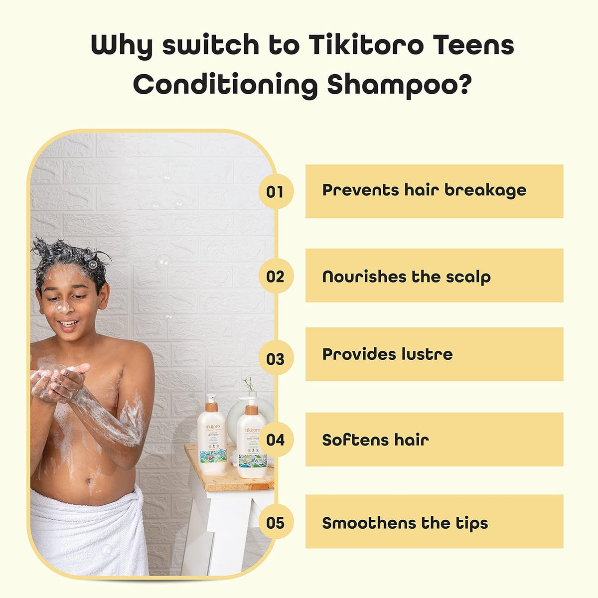 Tikitoro Teens Conditioning Shampoo 100% Vegan with Hibiscus, Rice Protein, Greater Burdock Extract, Cleanses, Strengthens & Softens Hairs, (Age: 11+) (300ml x 1)