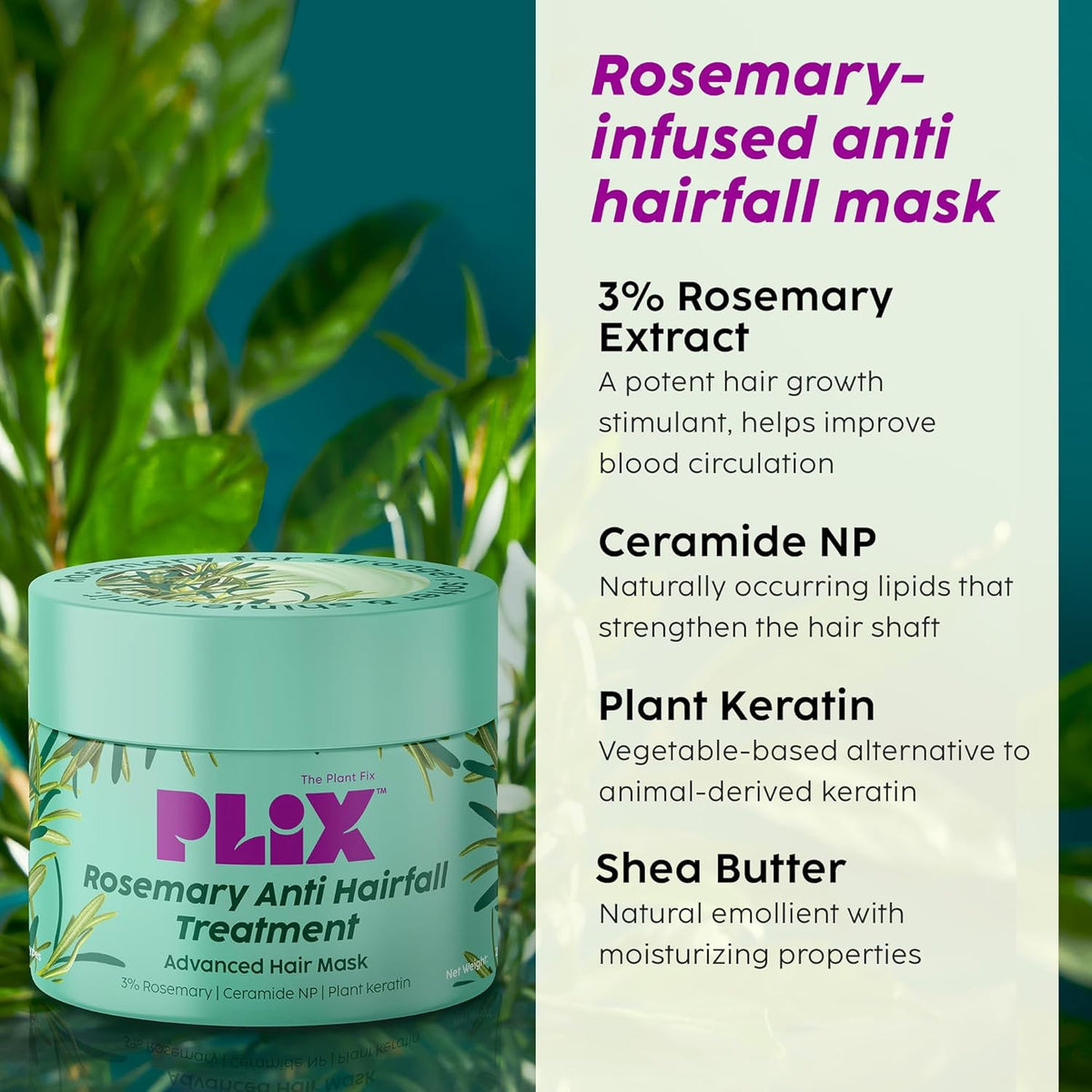 PLIX - THE PLANT FIX Rosemary Anti-Hair Fall Treatment Advanced Hair Mask With 3% Rosemary Extract, Ceramides & Plant Keratin | Hair Mask For Dry And Frizzy Hair| 200 Gram