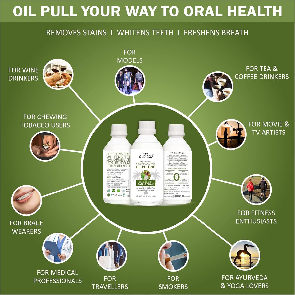 OLDGOA Pulling Oil Mouthwash For Strong Teeth And Gums With Basil & Clove | Oil Pulling For Mouth, Gums And Healthy Teeth | BASIL & CLOVE | 50ML