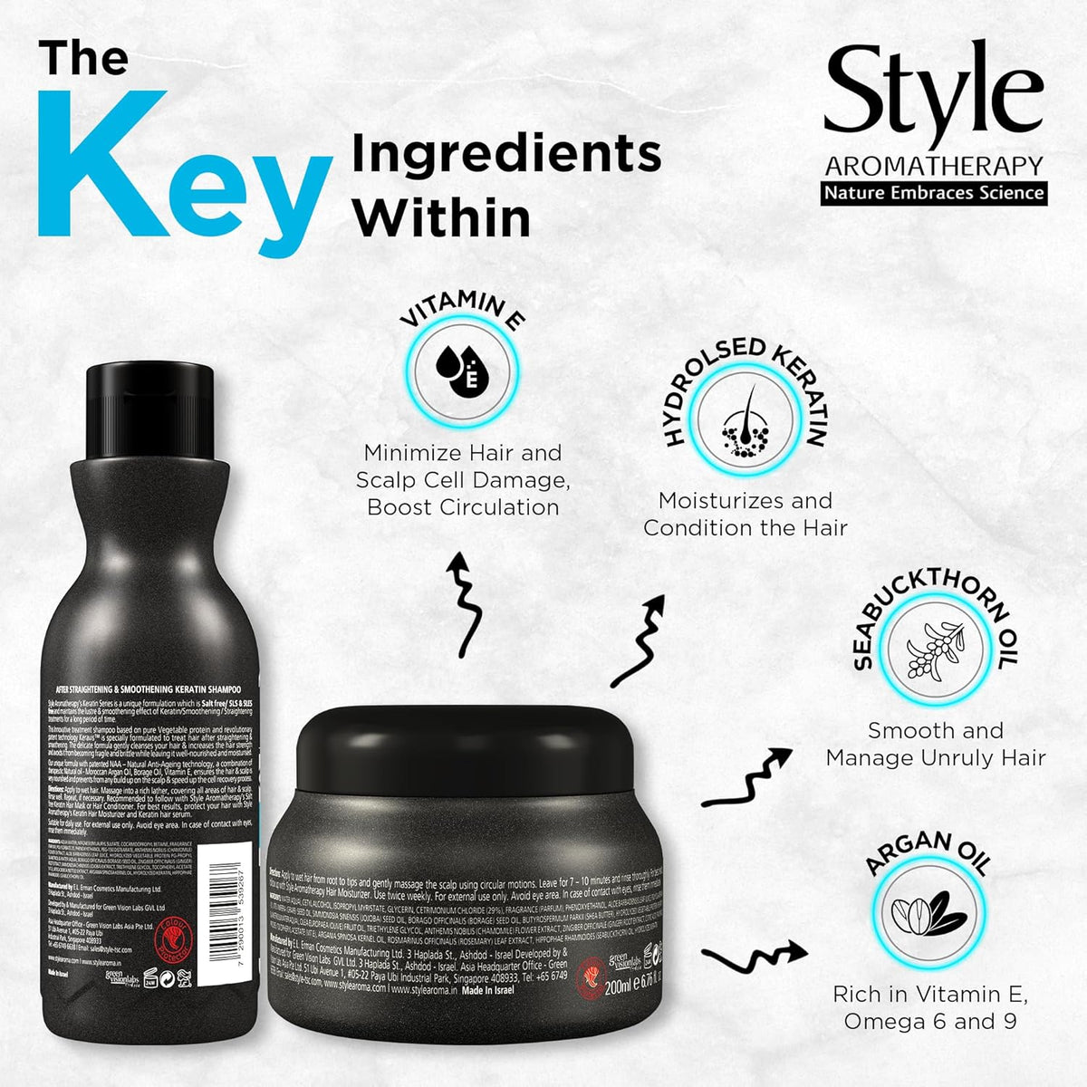 Style Aromatherapy Professional Keratin after Straightening and Smoothening Shampoo and Hair Mask Combo | SLS/SLES Free, Salt Free, Paraben Free | 400 ml + 200 ml