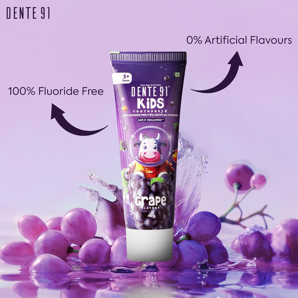 Dente91 Kids Toothpaste, Protects against dental caries & Hypersensitivity, Fluoride Free, Grape Flavour - 45g