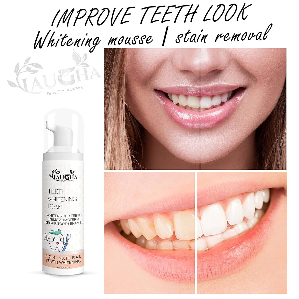 Laugha Whitening Foam Toothpaste for Sensitive Teeth, Snow Teeth foaming Whitening,Baking Soda Spearmint Whitening Mousse Mouth Wash Water for Travel Friendly (Pack Of 1 Bottle 60 ml)