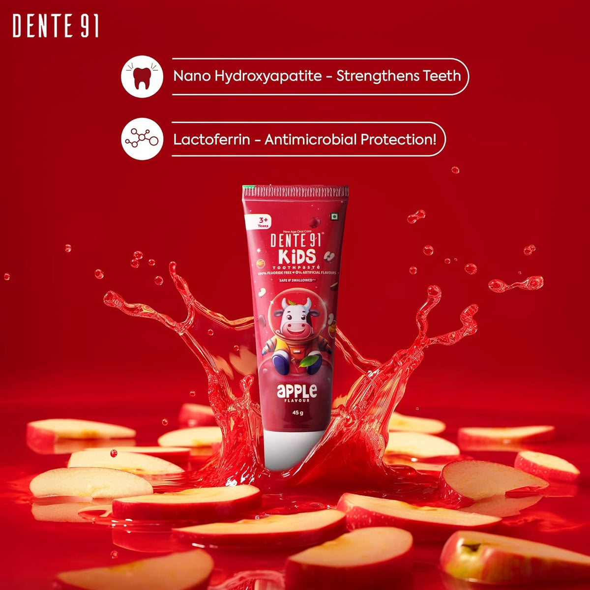 Dente91 Kids Toothpaste, Protects against dental caries & Hypersensitivity, Fluoride Free, Apple Flavour - 45g