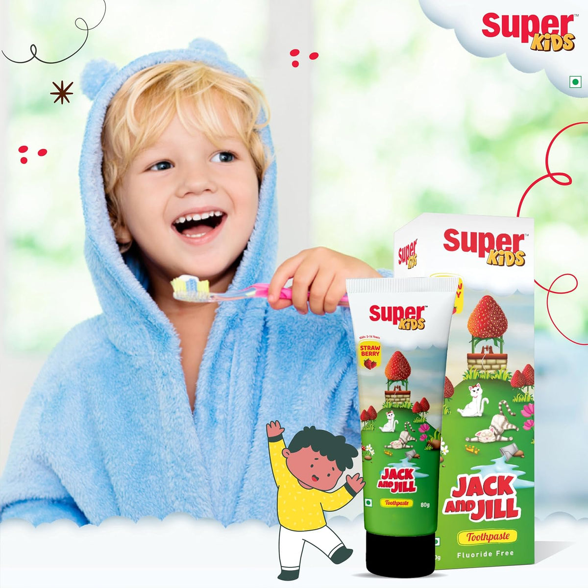 Super Kids Jack and Jill Strawberry Toothpaste for Kids 2-5 years | Baby toothpaste For Cavity Protection, Natural Strawberry Flavoured Toothpaste) 50 Gm