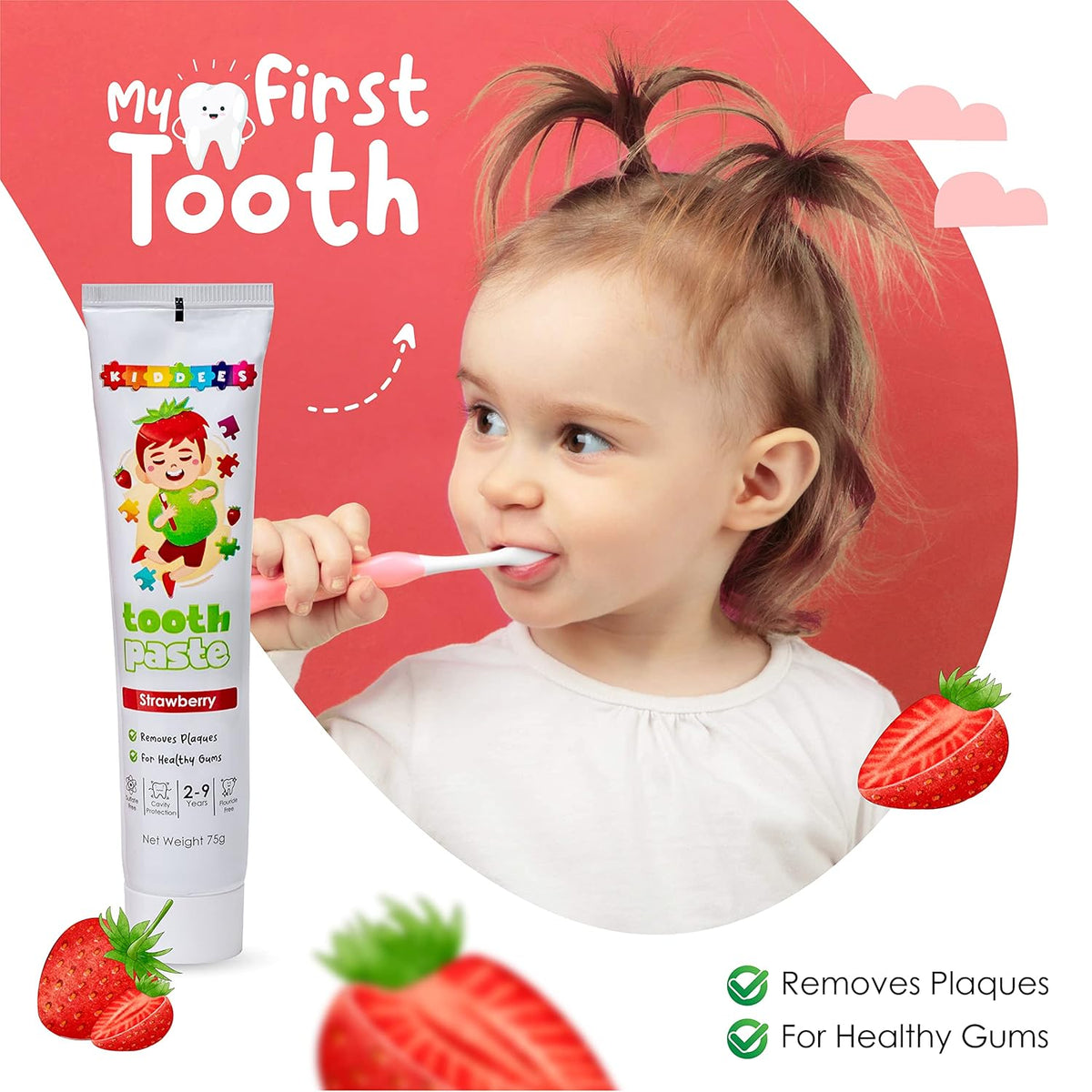 Kiddees Strawberry Kids Toothpaste, No Added Sugar, SLS & Fluoride Free, Oral Care, Ensures White and Strong Teeth, Prevents Cavities for Age 2 – 9 Years - 75g (Pack of 1)