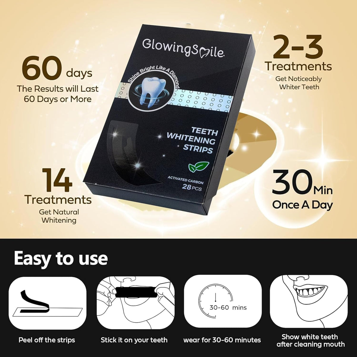 GlowingSmile Charcoal Teeth whitening strips| Effectively Removes Years of Teeth Stains| Enamel Safe Teeth Whitening | FDA Approved | Sensitivity & Peroxide Free | Vegan, Non Toxic | 28 Strips(14 treatments)