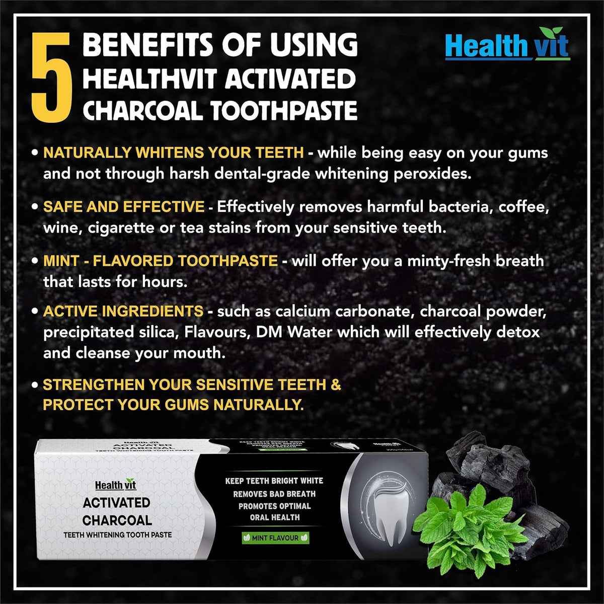 Healthvit Activated Charcoal Toothpaste For Teeth Whitening , Fluoride Free | Sulfate Free Mint Flavour | Germ Protection | Oral Hygiene | Charcoal Toothpaste | teeth whitening products - 100g (Pack of 1)