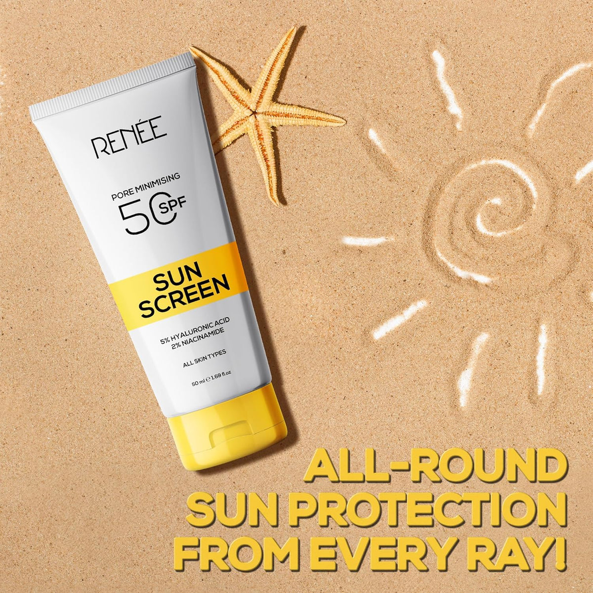 RENEE Pore Minimizing Sunscreen Spf 50 With 5% Hyaluronic Acid & 2% Niacinamide For All Skins, 50Ml