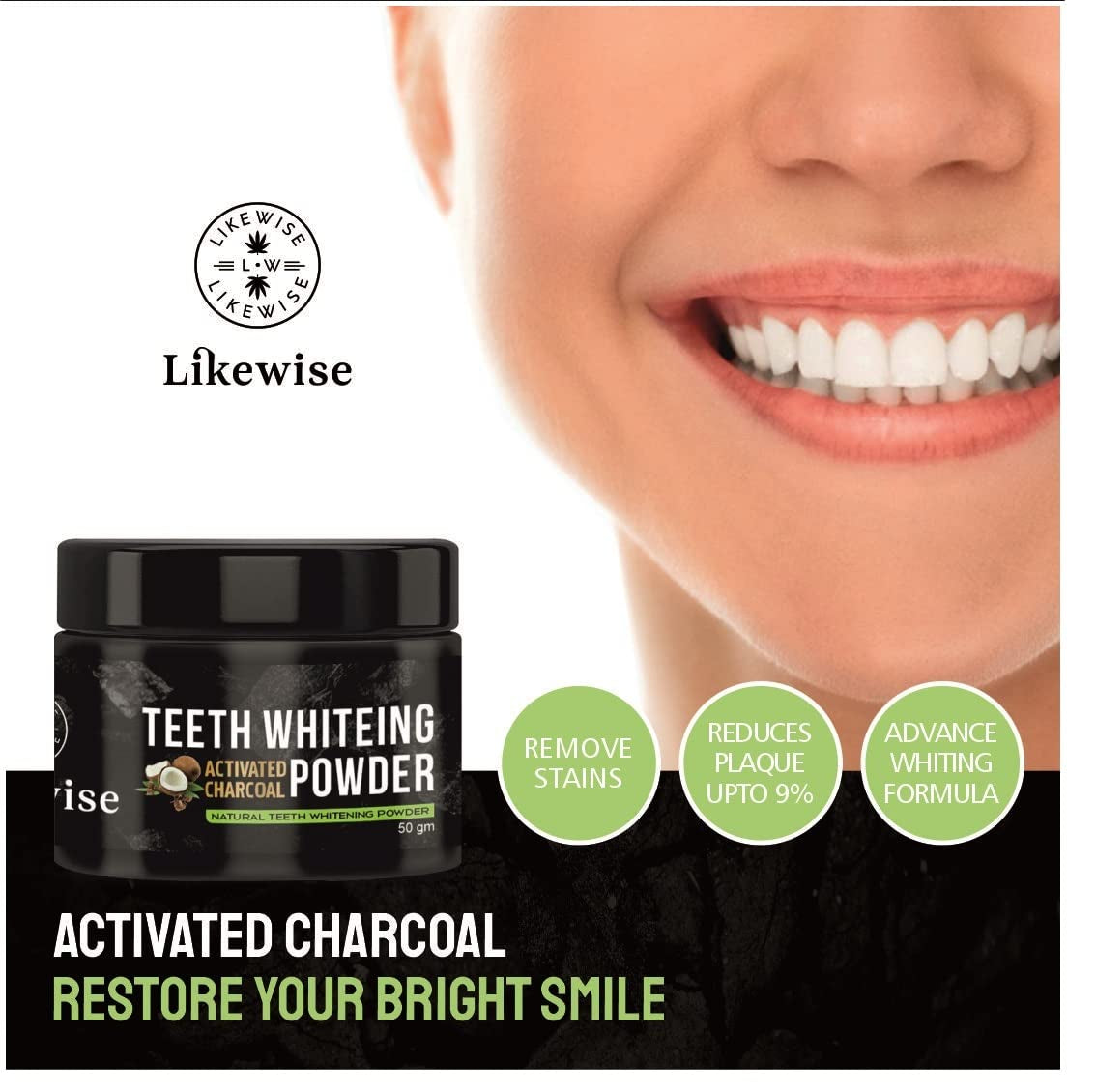 Likewise Activated Charcoal Teeth Whitening Powder - Enamel Safe Teeth Whitener - Suitable for Sensitive teeth - 50g