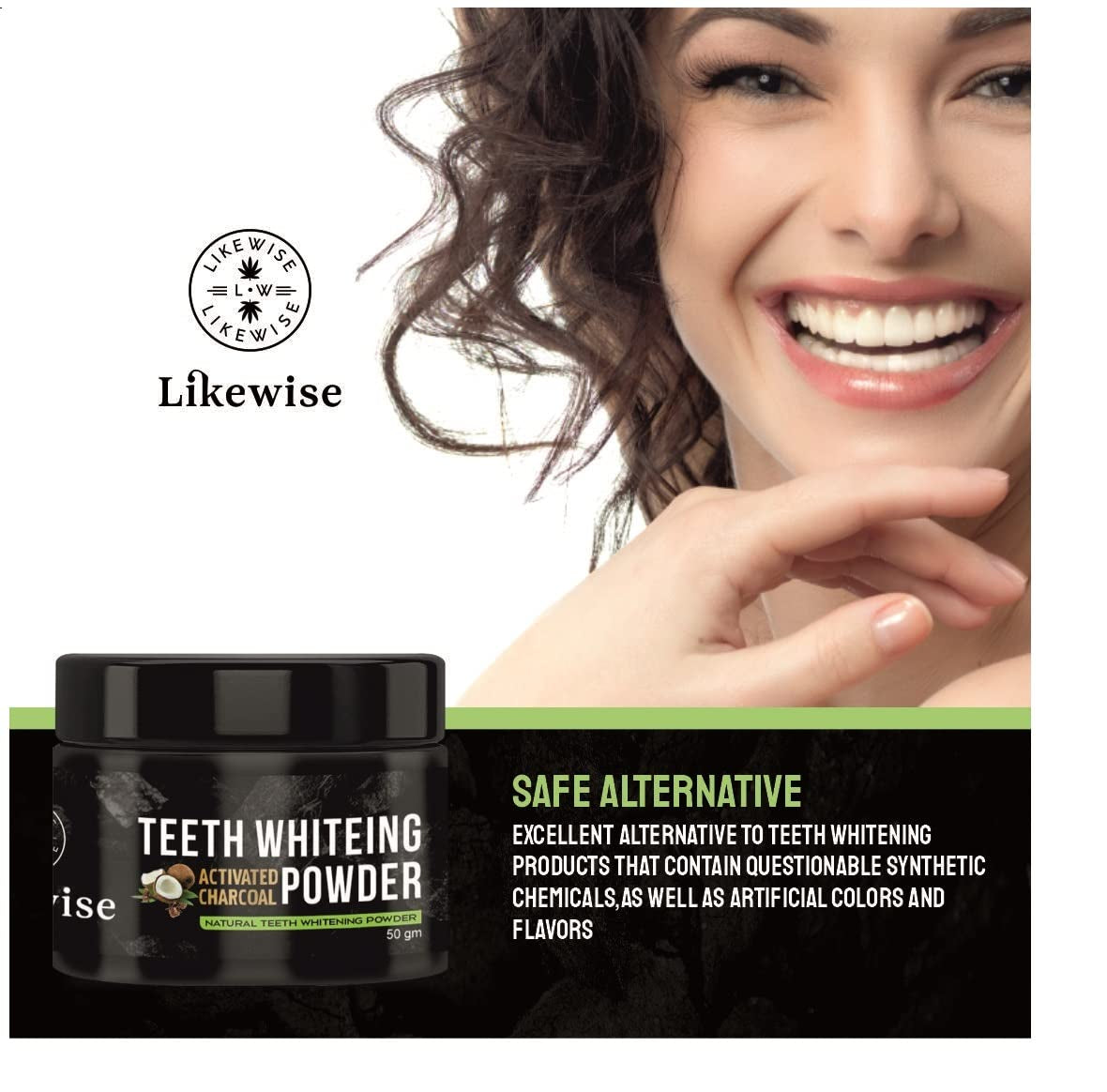 Likewise Activated Charcoal Teeth Whitening Powder - Enamel Safe Teeth Whitener - Suitable for Sensitive teeth - 50g